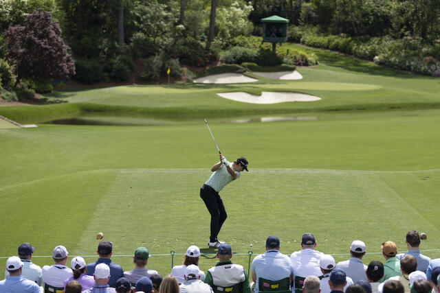 Nicolas Echavarria of Colombia plays a stroke from the No. 12 tee during the second round of the Masters at Augusta National Golf Club, Friday, April 11, 2025.